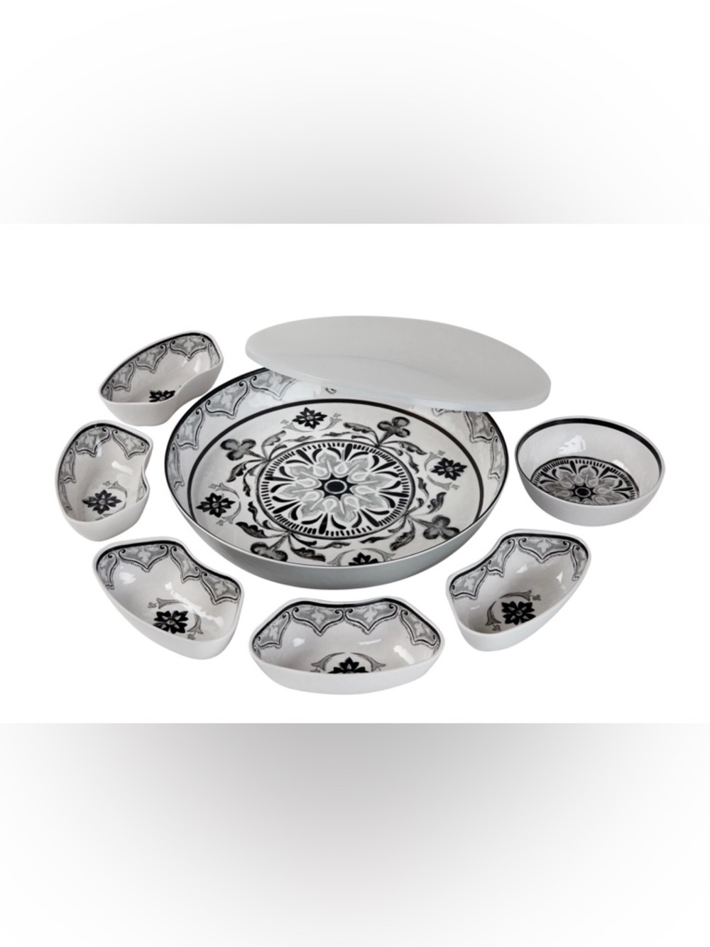 7 Piece Melamine Lazy Susan With Cover Divided Serving Dishes Black new